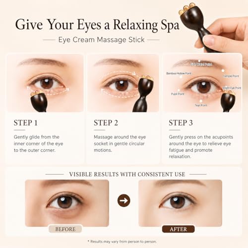 Eye Massage Tool, 2pcs Sandalwood Eye Massager Tool with 5 Smooth Horn Beads, Dual-End Eye Roller Tool for Puffy-Looking Eyes, Eye Massage Stick for Face and Under Eye Self Care - color: Black Wood Tone