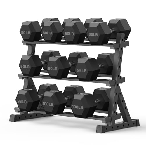 PAPABABE Dumbbell Set with Rack Dumbbells Rubber Encased Home Gym | PAPABABE Complete & Durable Cast Iron Core Odorless PVC Antiroll Hex Shape Ergonomic Chrome Handle Versatile Home Gym - size: 900LB with 3-Tier Weight Rack