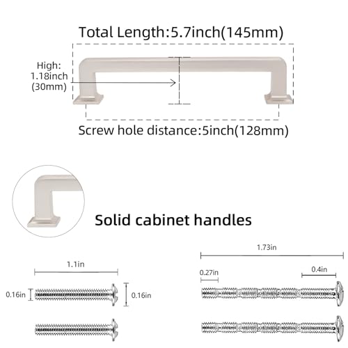 10 Pack 5 inch Brushed Satin Nickel Kitchen Cabinet Handles Cabinet Pulls Sliver Drawer Pulls Kitchen Cabinet Hardware Handles Dresser Handles - color: Brushed Satin Nickel, size: 5" Hole Center（128mm）