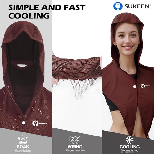 Sukeen Cooling Hoodie Towel, Instant Cooling Towels for Neck and Face, UPF 50 Sun Protection Ponytail Cooling Neck Wraps, Quick Drying Cool Towels for Sports, Gym, Hiking, Camping, Workout, Brown Red