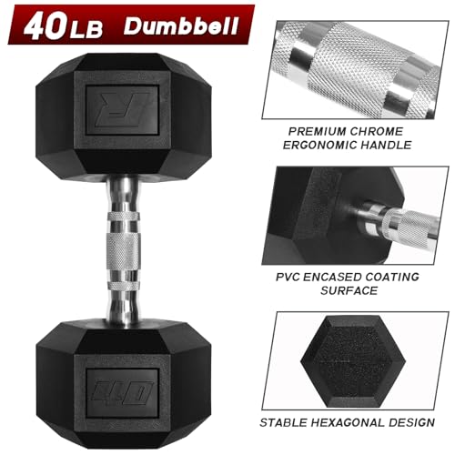 Ritfit 5-650 LBS PVC Encased Hex Dumbbell Sets with Optional Rack for Home Gym, Hand weight with Chrome Handle for Strength Training,Workouts - style: 2X40LBS