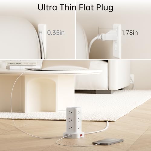 Extension Cord with Multiple Outlets, SMALLRT Flat Plug Power Strip Tower, Outlet Extender with USB 12 AC Outlets, 10FT Ultra Thin Extension Cord for Home Office, Overload Protection - color: White, size: 10 Ft without wireless charging