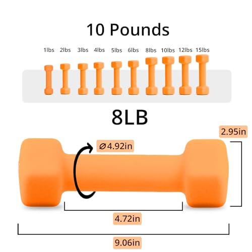 Portzon Weights Dumbbells 10 Colors Options Compatible with Set of 2 Neoprene Dumbbells Set,1-15 LB, Anti-Slip, Anti-roll, Hex Shape - size: 08-Pound, Pair