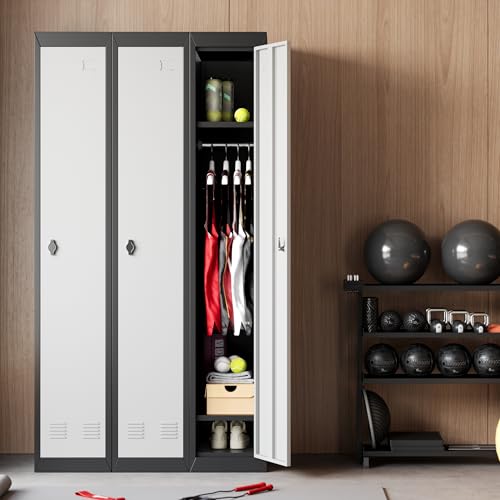 72" Tall Single-Door Metal Locker with Key, Heavy Duty Steel Storage Cabinet with Shelves, Lockable Employee Locker for School, Office, Gym, Home, Garage, Grey & Black - size: 1 Door