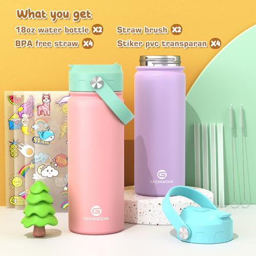 GoKEDA 18oz Kids Water Bottle, 2 Pack Insulated Bottles with Stickers, 18/8 Stainless Steel Vacuum Leak Proof Straw Cup for School, Gifts for Girls(Pink, Purple) - color: Pink+Purple