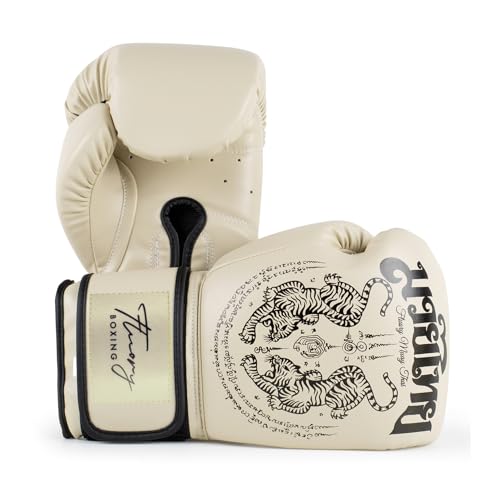 Boxing Gloves, Symmetrical Design with Two Tigers, Training Gloves - color: Beige, size: 12-oz