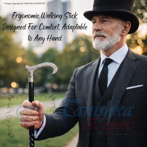 Victorian Wooden Walking Cane with Silver Brass Handle | Foldable, Elderly Gift, Mobility Support Stick For Men & Women