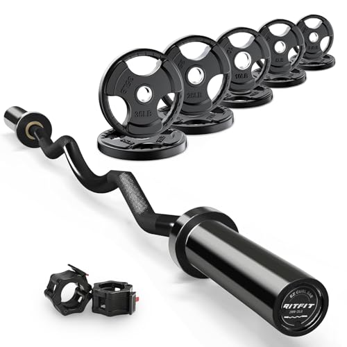 RitFit 2 Inch EZ Curl Bar with Weights, 350LBS Capacity Olympic Barbell for Bicep & Triceps, Home Gym Strength Training - style: Black(with 155LB Weights and Collar)