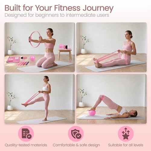 19 PCS Pilates Kit for Home Workouts - Pilates Equipment Set, 14.5" Pilates Accessories with Adjustable Wrist Weights, Pilates Ring and Ball, 5 Resistance Bands, Core Sliders, Socks