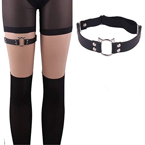Adjustable Elastice 2 Rows Leather Leg Harness Garter Belt Punk Gothic Thigh Ring Garter - color: 2 Pcs Black Cat