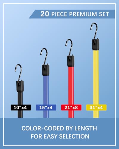 20 Pack Rubber Bungee Cords with Upgraded Hooks, 10 15 21 31 Inch Bungee Straps Heavy Duty Outdoor, Weatherproof Tarp Straps with 1.9X Max Stretch & 100% Rubber for Cargo, Van, Truck, Motorcycle, etc - size: 10"+15"+21"+31", style: 100% Rubber