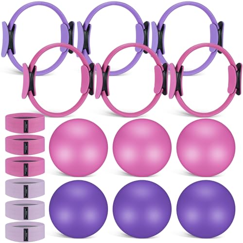 Seenelling 18 Pcs Pilates Ring and Ball Set with Resistance Bands Home Workout Pilates Equipment 11.8 Inch Magic Circle with Padded Handles, Mini Ball for Strength, Toning and Flexibility - color: Pink, Purple