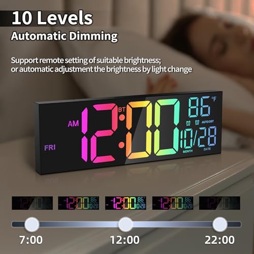 16.5" Digital Wall Clock with Bluetooth Auto-Sync, Large LED Display, Smart Auto Dimming, DST, Remote Control, Night Light, Date & Temperature for Living Room, Black - color: Black-multicolor