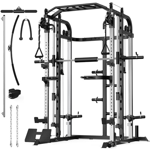 Smith Machine, Multifunctional Power Cage Rack with Smith Bar and Cable Pulley System, and LAT Pull Down Machine for Home Gym… - style: Power Cage with Landmine and Dipbar