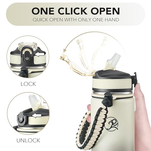 GOSWAG 24oz Insulated Stainless Steel Travel Water Bottle, 2 Lids | with straw and no straw, Paracord handle, Double-wall vacuum keeps drinks cold or hot, Leakproof tumbler - color: Beige-Gray Ombré