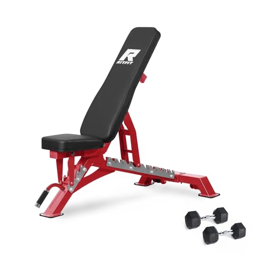 RITFIT Adjustable Weight Bench, Incline Decline Flat, 1300LB Capacity | Full Body Workout Bench for Home Gym Strength Training, 10 Backrest Positions, 3 Seat Angles, Heavy Duty Steel Frame - color: Red, with 2x5lb Rubber Hex Dumbbells