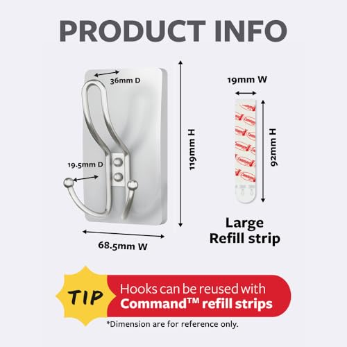 Command X-Large Satin Nickel Triple Hook, 1 Hook, 3 Strips, Damage-Free Hanging with Adhesive Strips, No Tools Wall Hook for Hanging Decorations in Living Spaces - style: 1-Pack