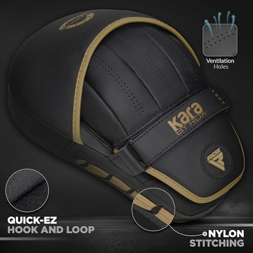 RDX Boxing Pads and Bag Gloves Set, Maya Hide Leather Kara Hook and Jab Training Pads, Curved Focus Mitts for MMA, Muay Thai, Kickboxing Coaching, Martial Arts, Punching Hand Target Strike Shield - color: GOLDEN