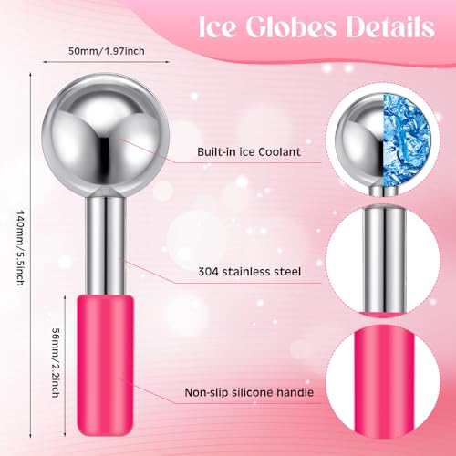 Baderke 2 Pcs Ice Globes for Face Stainless Steel Cooling Globes Unbreakable Cooling Roller Women Ice Balls Cryo Sticks Facials Skin Care for Dark Circles, Puffiness(Silver (Pink Handle)) - color: Silver (Pink Handle)