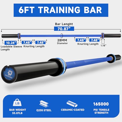 Ceramic Olympic Barbell 4/5/6FT – Short 2" Bar for Home Gym | Alloy/A3/45 steel. 400-500LB. 28mm knurled grip. Brass bushings. Squat, bench, deadlift, hip thrust. Fits standard plates. - color: Blue, size: 6FT-500LBS