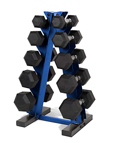 CAP Barbell 150 LB Coated Hex Dumbbell Weight Set with Vertical Rack | Multiple Options - color: Blue Rack, style: Chrome Handles