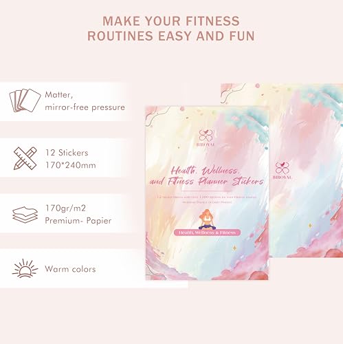 BIROYAL 12 Sheets Workout & Fitness Stickers - 1000 Wellness Health Stickers for Women - 9.5”x6.7” - Exercise Sticker for Fitness Planner, Workout Journal - Perfect for Weight Loss, Exercise Goals