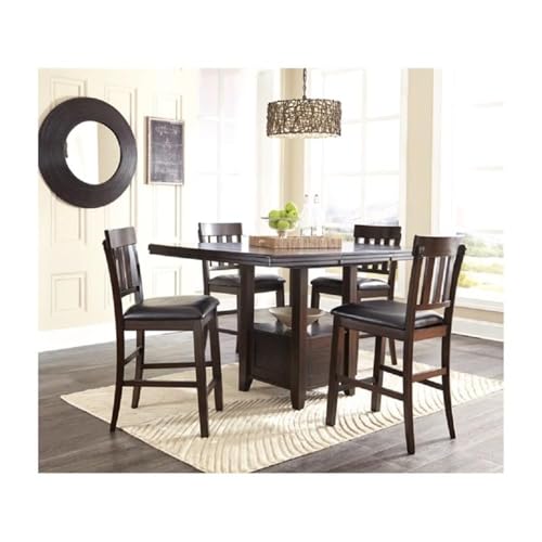 Signature Design by Ashley Haddigan Upholstered Barstool, 2 Count, Slat Back Design, Cushioned Seat, Wood, 25.5" H, Dark Brown | Easy-clean faux leather cushioned seat, Casual farmhouse wood slat back design, 25.6-inch seat height for kitchen islands - co
