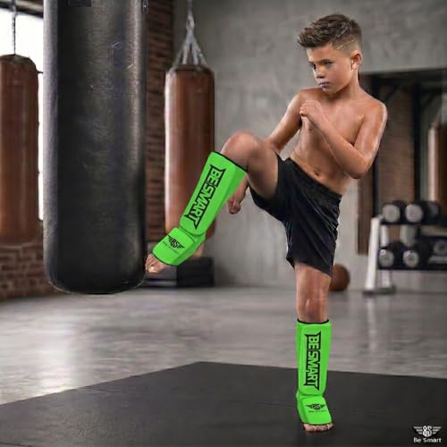 Be Smart Kids, Adults, Youth, Men and Women Muay Thai MMA Kickboxing Shin Guards, Instep Guard Training, Sparring Protective Gear Equipment Shin Kick Pads - color: Green, size: XXXS ( 3 to 8 Years )