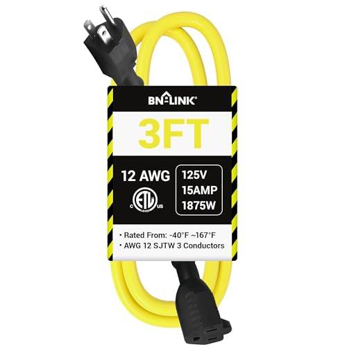 BN-LINK 3ft Outdoor Extension Cord, 12/3 SJTW Heavy Duty Power Cord, 3-Prong Grounded Plug, Weather Resistant, 15A, 1875W, Yellow, for Lawn, Garden, Appliances, ETL Listed - color: Yellow, size: 3FT