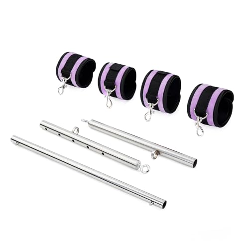 Spreader Bar Heavy Duty Stainless Steel Expandable Silver Bar Home Gym with 4pcs Furry Purple Adjustable Straps,Sports Aid Training Fitness Gear Pilates Aid Kit - style: Silver+Purple Furry Kit