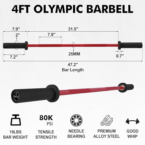 Mikolo EZ Curl Bar, 2 Inch Olympic Curl Bar for Biceps and Triceps, 47” Curling Bar with Knurled Grip, 700LB Barbell Bar with Multi-Angle Wrist-Friendly Design - color: Red - 4ft Straight Bar - Bar Only