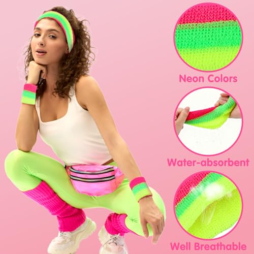 KICOSY Neon Headband & Wristbands Set, Vibrant Pink-Green-Yellow Accessory for Glow Party, 80s/90s Retro Style, Festival Outfits, Gym Workouts & Daily Fashion - color: Neon