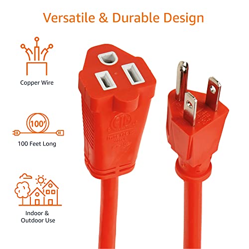Amazon Basics 100 Foot 3-Prong Vinyl Indoor/Outdoor Extension Cord, Long Power Cord, Grounded Plug for Safety, Moisture Resistant, 10 Amps, 1250 Watts, 125 VAC, Orange - color: Orange, size: 100 ft