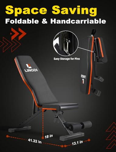 LINODI Adjustable Weight Bench for Home Gym & Full Body Workout | Foldable Incline Decline Flat Workout Bench for Full Body Strength Training, Dumbbell Press & Ab Exercises