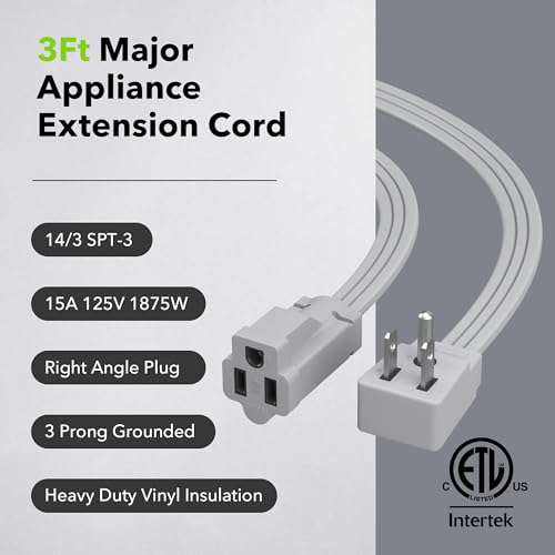 BN-LINK 3 ft Appliance Extension Cord 15-Amp Heavy Duty Power Cord, 14/3 SPT-3, 3 Prong Grounded Flat Plug, for Indoor Air Conditioner, Refrigerator and All Major Appliances - color: Gray, size: 3FT