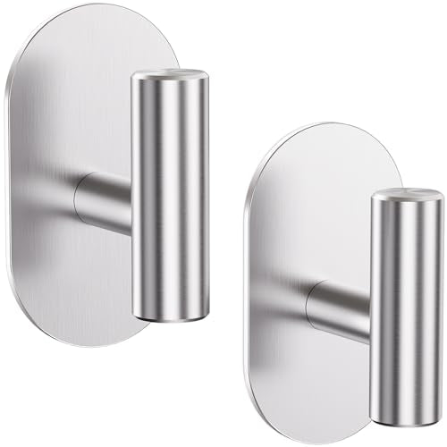Aikzik Silver Adhesive Hooks Heavy Duty, Wall Hooks for Shower, Bathroom, Towel, Coat, Robe, Stainless Steel Hooks for Hanging, Waterproof & Rustproof Sticky Hooks for Walls No Damage- 2 Pack - color: Silver-2Pack