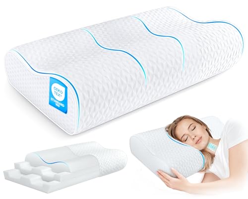 Cervical Neck Pillow King Size - Cooling Adjustable Sandwich Dynamic Memory Foam Pillows for Sleeping, Contour Pillow Ergonomic Orthopedic for Side, Back & Stomach Sleepers Soft, White - size: King Size 27.5"L x 15.7"W Soft