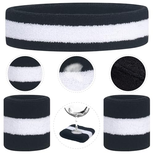 ONUPGO 5 Pieces Kids Sweatbands Soccer Socks Set - Sports Headband, Wristbands, Striped High Socks for Kids, Youth,Toddler & Baby - Football, Basketball, Running, Cycling, Tennis - color: Black/White/Black