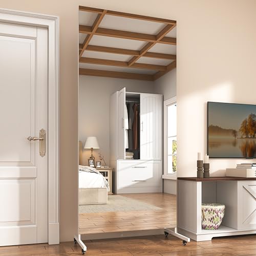 Hasipu 79" x 32" Full Length Floor Mirror on Wheels, White | Tempered glass, sturdy metal frame, smooth rolling casters, removable stand, ideal for gym, bedroom, dance studio & yoga. - color: White, size: 78.7"L x 31.4"W