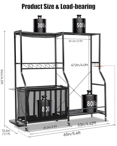 EXTCCT Garage Sports Equipment Organizer with Wheels - Golf Bag Storage Rack and Ball Storage Bins, Heavy Duty Rolling Garage Organizer System with Basket and Hooks for Indoor (Black-Large) - color: Black - Large