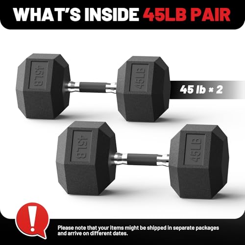 PAPABABE Hex Dumbbell Set 2.5-100lb, Rubber Grip Dumbbells, Home Gym | Complete & Durable Cast Iron Core Odorless Antiroll Hex Shape Ergonomic Versatile Home Gym Comfort Non-Slip Grip - size: 45 lb, Pair, style: Rubber Grip