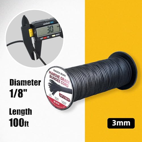 Marine Grade Bungee Cords Heavy Duty Outdoor - 1/8" x 100ft Bungee Cord Roll - 100% Stretch Elastic Cord and Absorbent Bungee Shock Cord for Kayak Deck, Camping, Crafting - size: 1/8" x 100ft