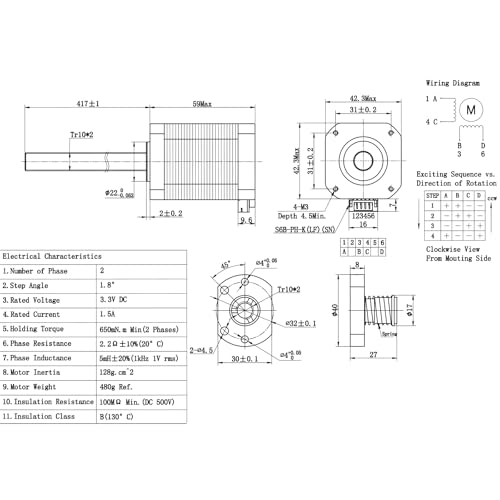 Iverntech NEMA 17 Stepper Motor with Integrated 417mm Tr10x2 Lead Screw 42x60mm 1.5A for 3D Printers or CNC Machine - size: 417-Tr10X2