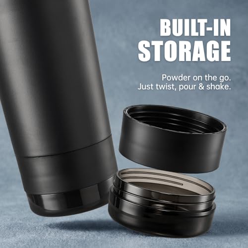 Fijinhom 24 oz Insulated Shaker Bottle with Portable Powder Container. | Leak-Proof Protein Shaker Bottle, 304 Stainless Steel Insulated Water Bottle with Removable Mixer, Measurement Marks, Black - color: Black
