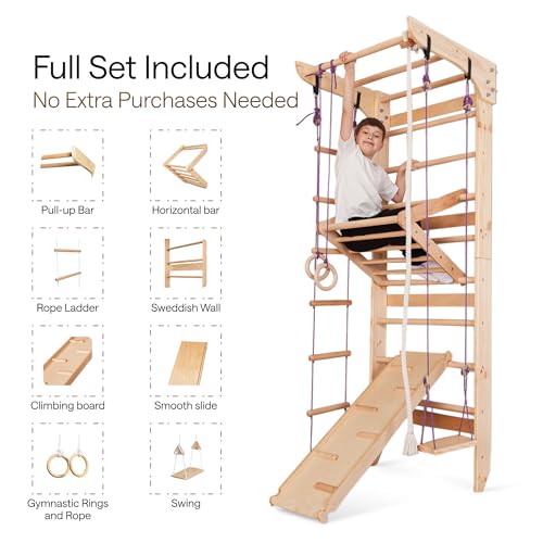 WEDANTA Wooden Swedish Ladder Wall Set – Kids Stall Bars for Exercise – Kids Swedish Gymnastic Wall Gym – Wood Stall Bar Gymnastics Playground – Best Gym for All Family - color: Wood