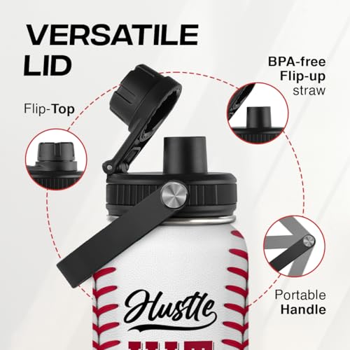 Baseball Water Bottle 32oz Hustle Hit Never Quit Stainless Steel Insulated Bottle for Men Women Sports Lovers Baseball Fans - color: Baseball 2