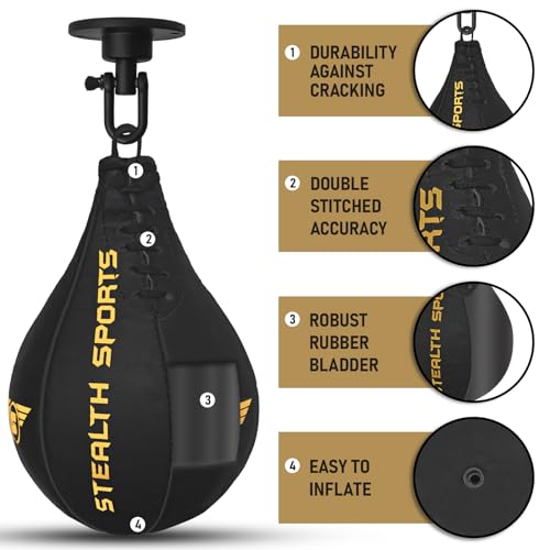 Speed Ball Boxing – MMA Speed Bag & Hanging Swivel Kit for Boxing Training – Punching Bag for Muay Thai, Kickboxing, Martial Arts, Reflex and Speed Training Striking Bag - color: Matt Black & Gold