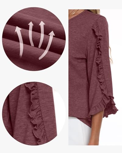 3/4 Length Sleeve Womens Tops Crewneck Ruffle Sleeve Shirts Dressy Casual Blouse Summer Fall Fashion Business Outfit - color: Redwood, size: Medium