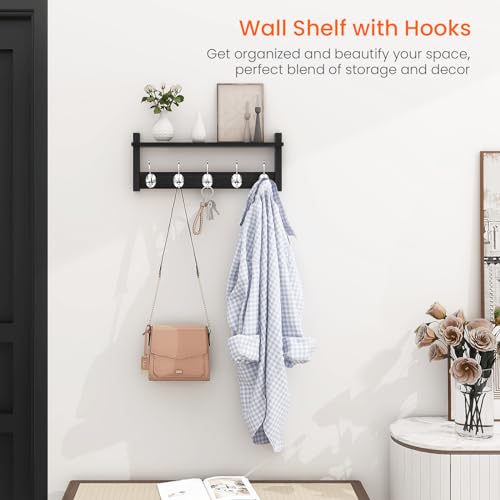 Homode Wall Coat Rack With Shelf, Wood Entryway Hanger With Hooks, Small Floating Pegs for Hanging Coats, Hats, Purses, Backpacks, Black - color: Black, size: 17.1 Inch Long