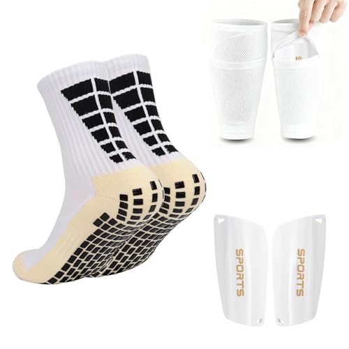 Soccer Socks with Shin Guard for Men, 1 Pairs Mens Grip Soccer Socks and 1 Pairs Shin Sleeves with Shin Guards, Footaball Equipment Shin Sleeves with Pads for Adults - color: A White